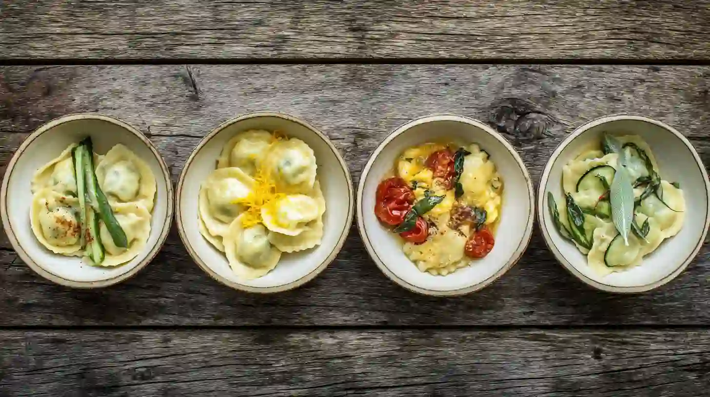 seasonal-swaps-ravioli-vegetables. Seasonal swaps for ravioli with vegetables – spring asparagus and tomato pasta skillet, summer zucchini and corn, fall butternut squash with sage, and winter spinach with sun-dried tomatoes – quick ravioli recipes for families and easy Italian dinner recipes