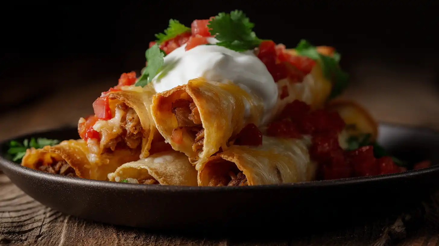 serve-hot-beef-taquitos-step5 Crispy Beef Taquitos with Melted Cheese served hot with salsa, sour cream, and toppings – easy dinner recipes for families, Mexican street food recipes