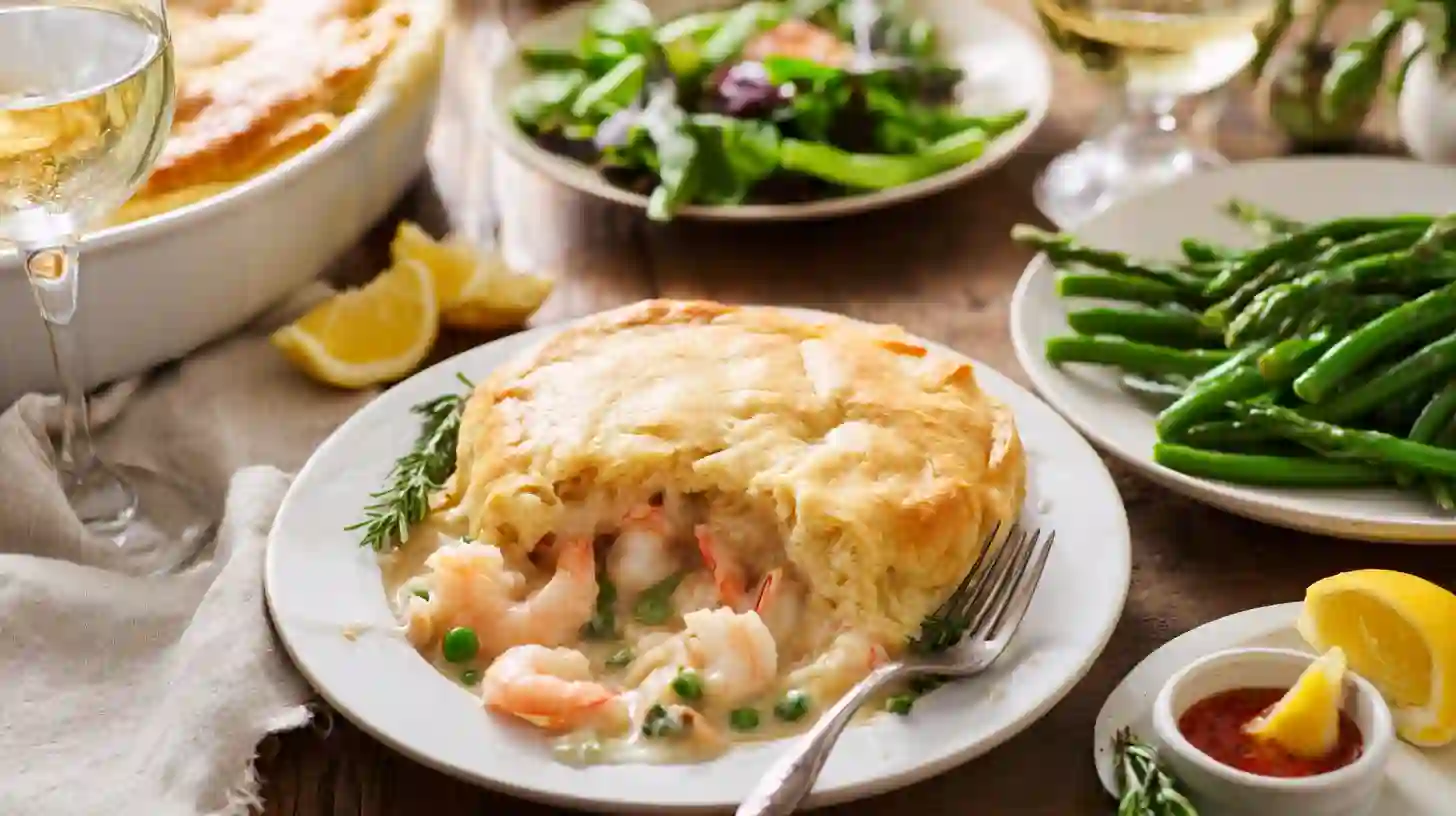 serving-suggestions-cheddar-bay-biscuit-seafood-pot-pie Serving Cheddar Bay Biscuit Seafood Pot Pie with salad, roasted asparagus, and wine pairings, easy dinner recipes for families and romantic seafood dinner ideas