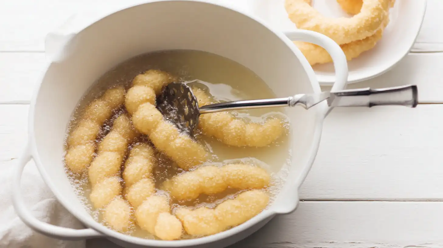 Frying Soft and Fluffy Donut Twists – fluffy donut dough recipe turning golden brown, homemade donut ideas for easy dessert recipes for families.