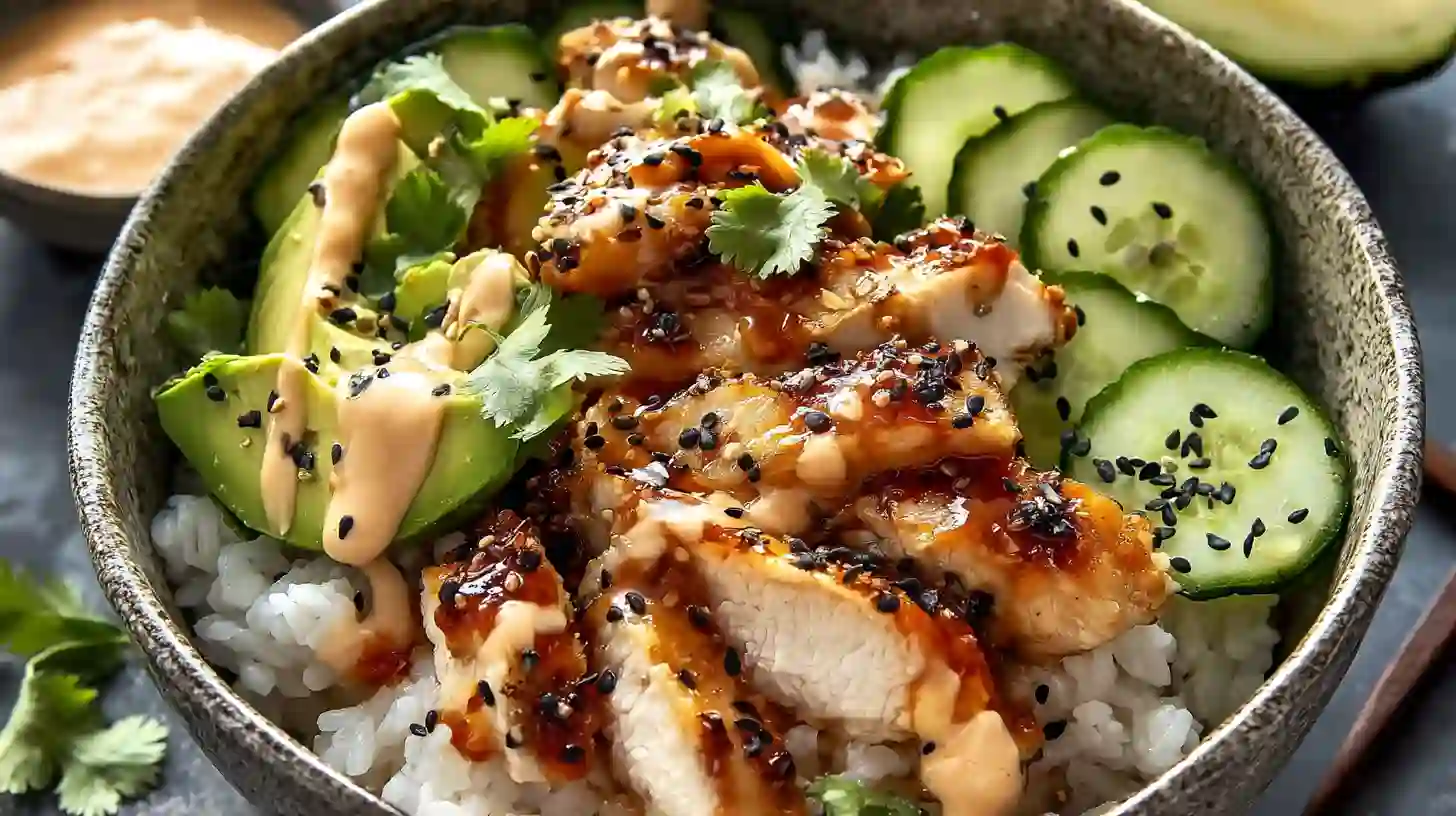 Spicy Honey-Ginger Chicken Bowls with Yum Yum Sauce – easy weeknight dinner recipes with chicken and avocado.
