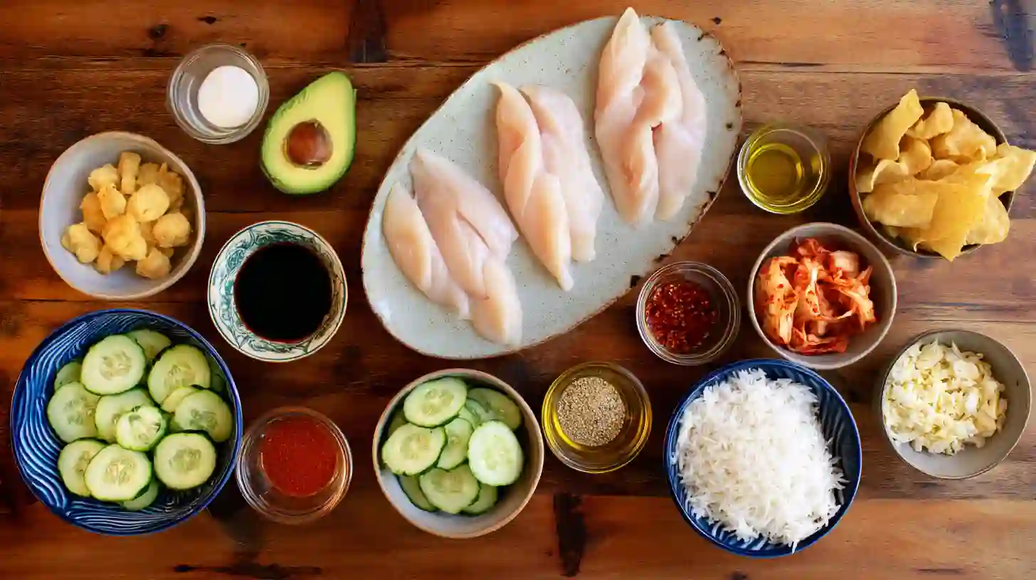 spicy-honey-ginger-chicken-bowls-with-yum-yum-sauce-Ingredient-Image Fresh ingredients for Spicy Honey-Ginger Chicken Bowls with Yum Yum Sauce – chicken, rice, avocado, cucumber, kimchi, and homemade yum yum sauce recipe.