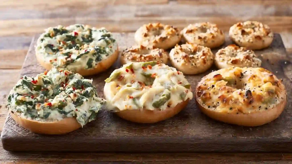 Spinach-Artichoke Bagel Variations including classic, spicy jalapeño, gourmet upgrade, and mini party bites, homemade cheesy bagel recipe and cheesy baked appetizer recipes