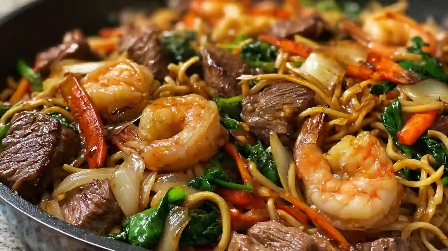 Steak and shrimp stir-fried noodles in savory sauce with vegetables.meal prep ideas with steak and shrimp