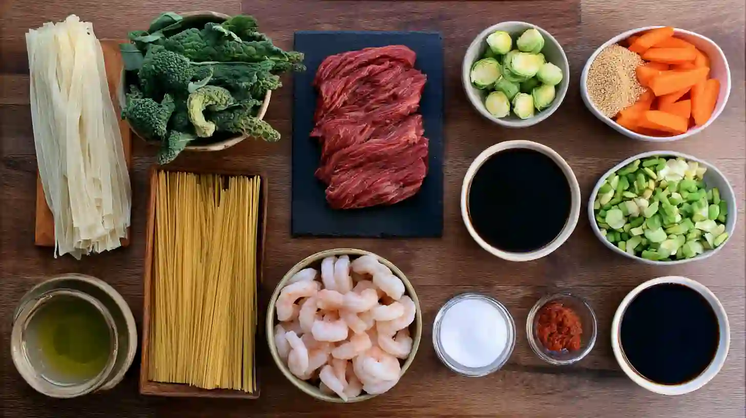 steak-and-shrimp-stir-fried-Noodles-Ingredients-Image Raw ingredients for steak and shrimp stir-fried noodles with sauce components and vegetables.shrimp and steak dinner ideas