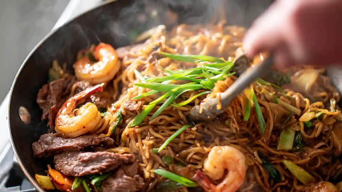 steak-shrimp-noodles-final-stir-fry Final stir-fry with steak, shrimp, and noodles for quick high-protein dinner ideas