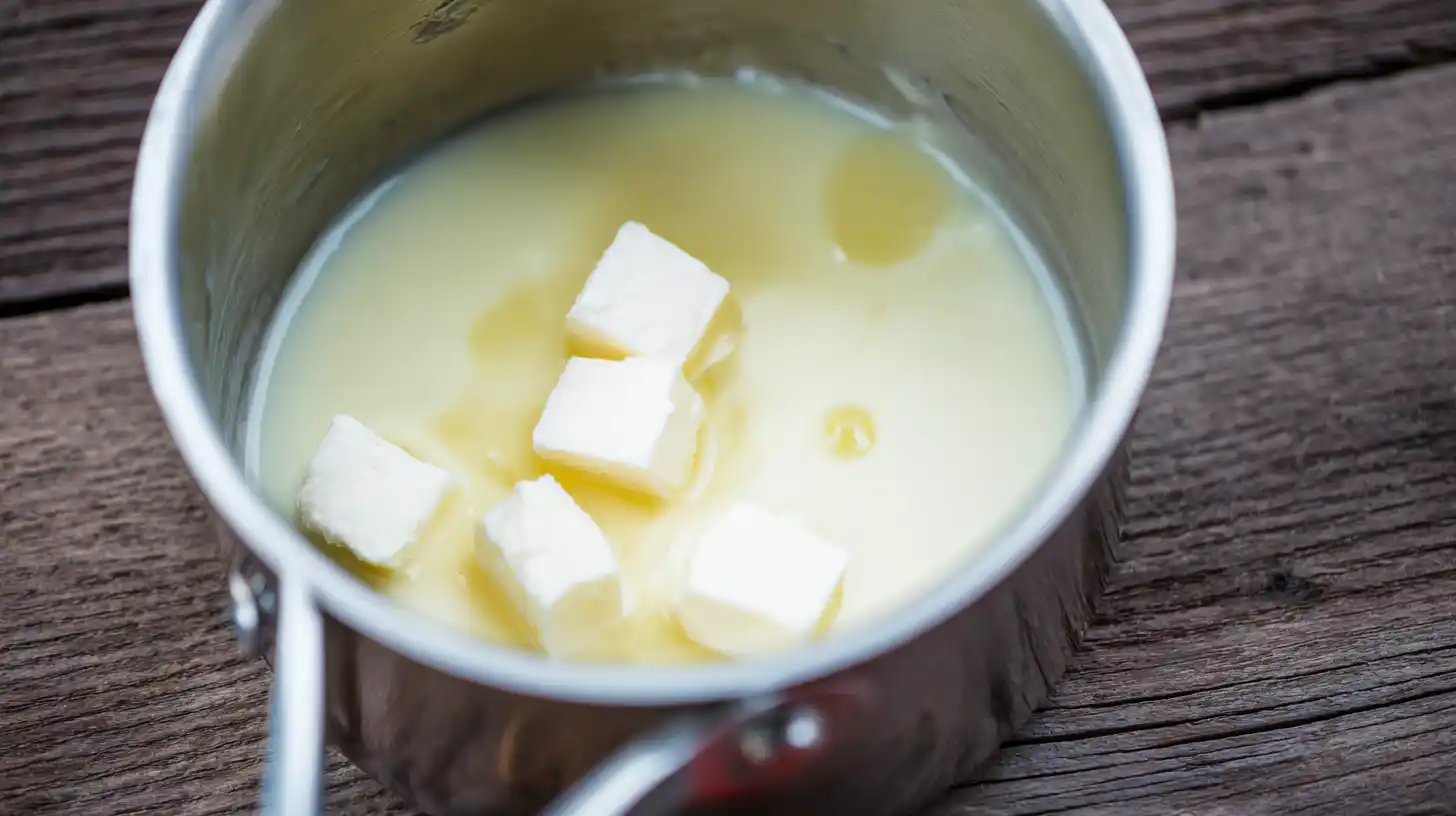 Step 1 melting butter and cream for White Chocolate Cranberry Pistachio Truffles – luxury holiday desserts recipes