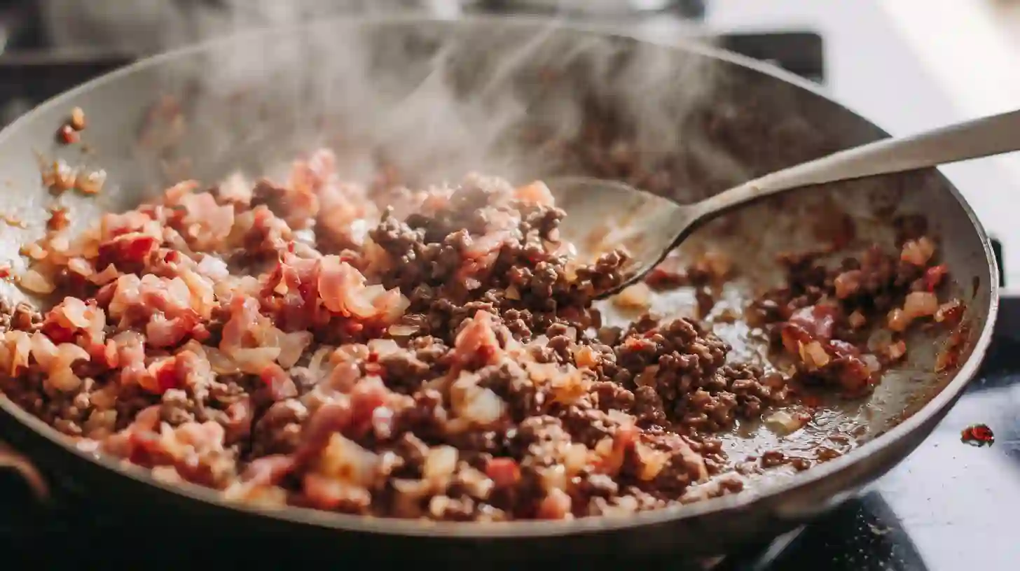 step-2-cook-beef-bacon-creamy-ground-beef-casserole Cooking ground beef with crispy bacon, onion, and garlic for creamy ground beef casserole and budget-friendly family dinner.
