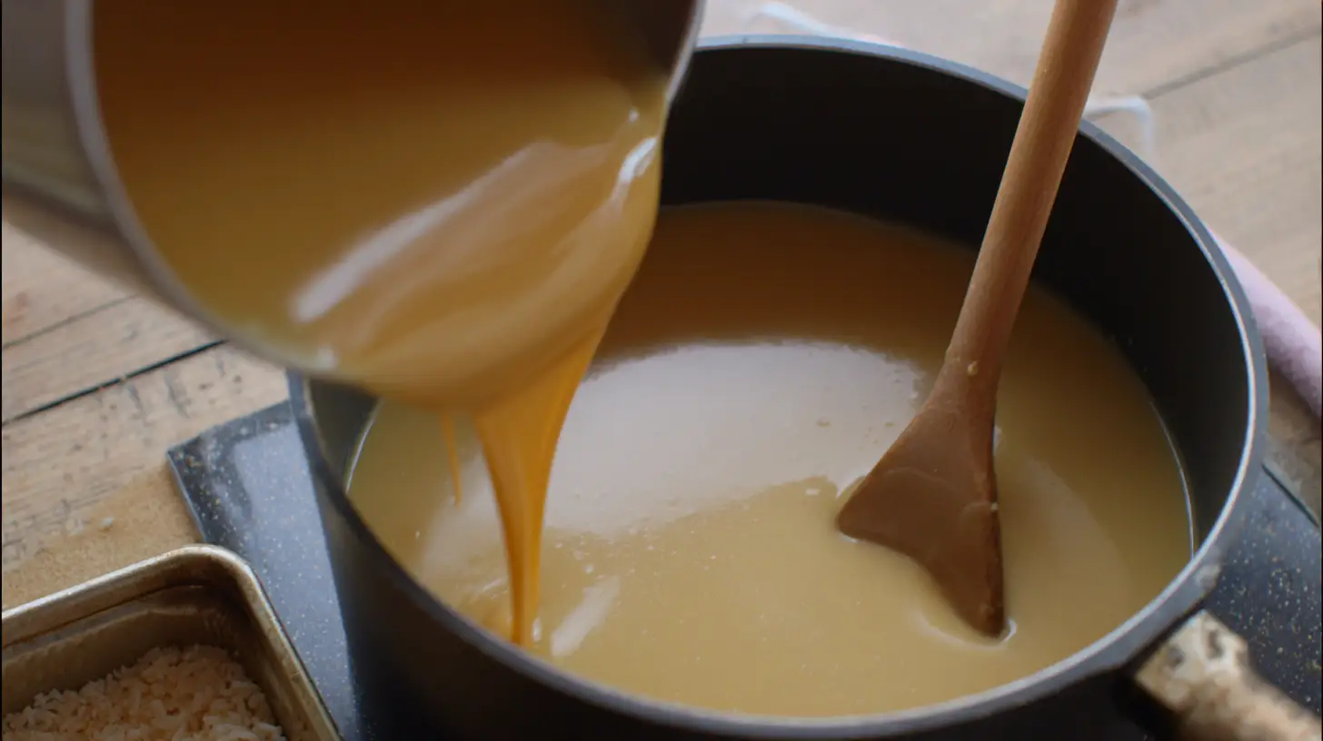 Easy Rice Krispie Millionaires Bars Recipe step 2 – homemade caramel recipes with butter, condensed milk, sugar, and syrup for indulgent no bake desserts