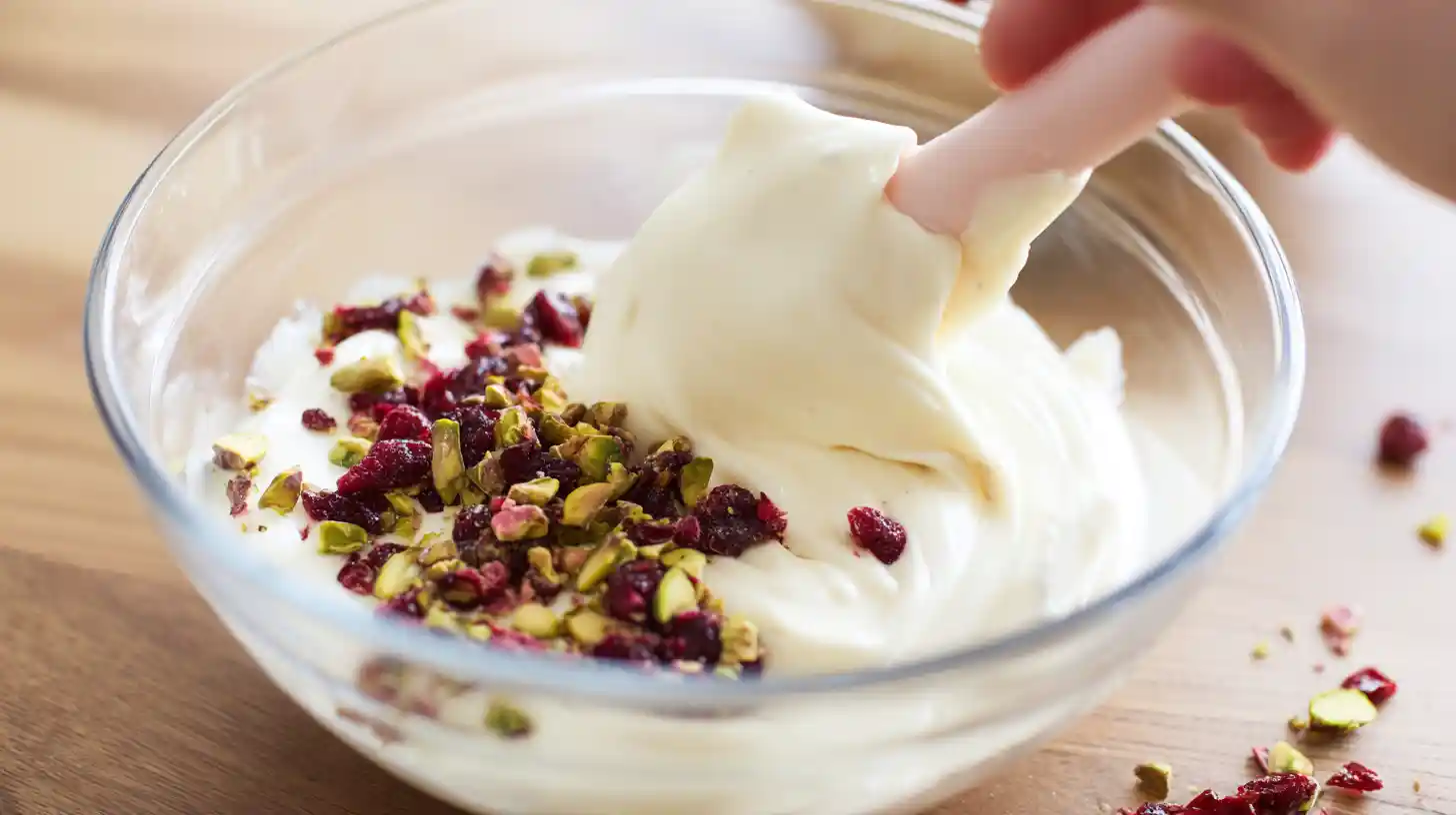 Step 3 mixing butter cream with chocolate, cranberries, and pistachios for White Chocolate Cranberry Pistachio Truffles – quick holiday dessert recipes