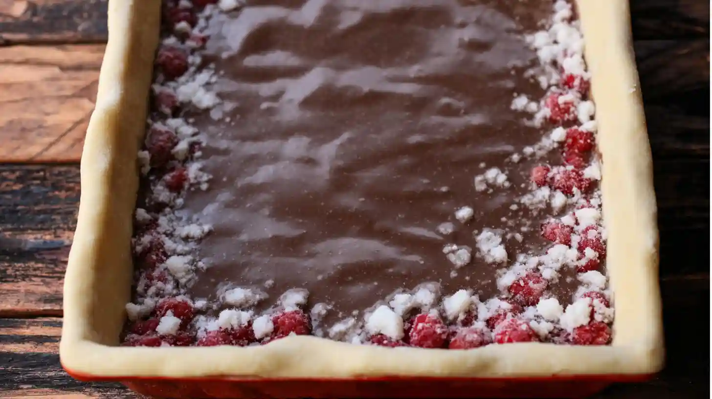 step-4-add-raspberries-dark-chocolate-raspberry-pie-bars Step 4 raspberries with sugar and cookie dough topping added to chocolate layer for best dark chocolate raspberry pie bars, perfect for easy chocolate pie recipes and dessert recipes for parties