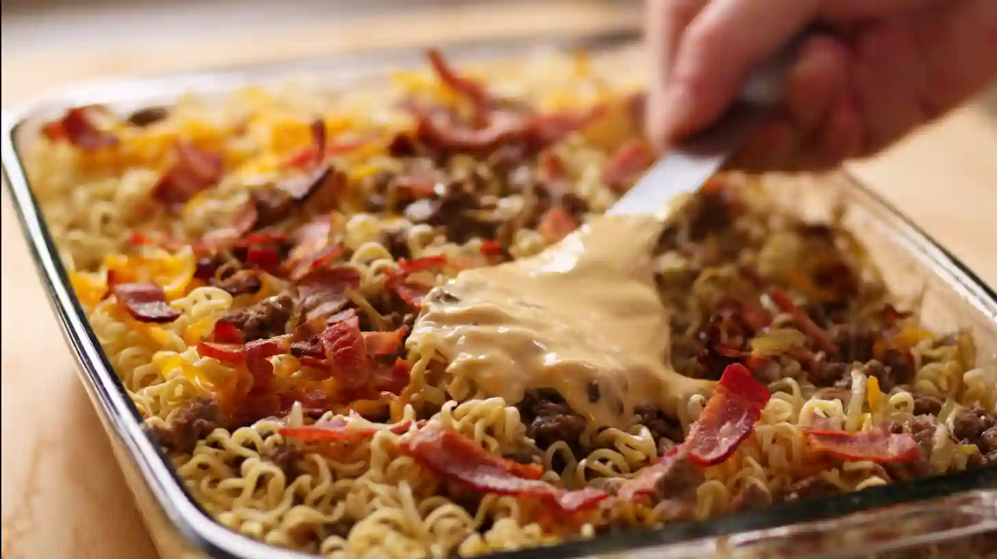 step-4-assemble-casserole-bacon-cheeseburger-ramen-bake Assembling bacon cheeseburger ramen noodle bake with ground beef, bacon, noodles, and creamy cheese sauce for easy family dinner recipes.
