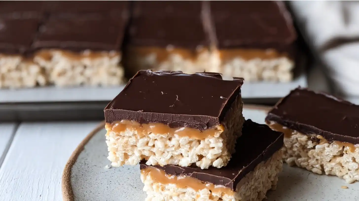 Easy Rice Krispie Millionaires Bars Recipe step 4 – chilled indulgent no bake desserts with glossy chocolate topping set before slicing
