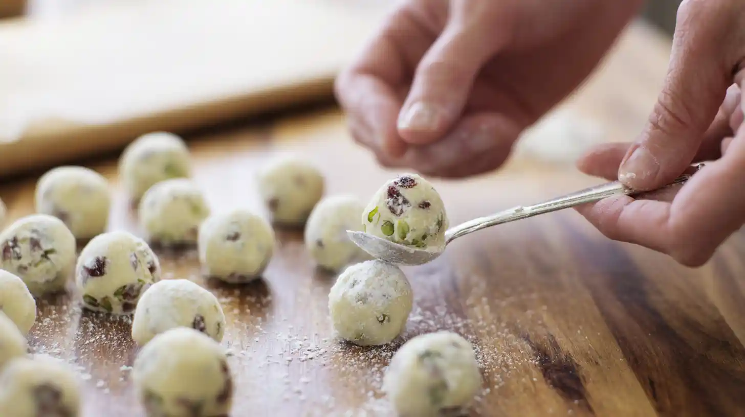Step 4 rolling truffles into balls for White Chocolate Cranberry Pistachio Truffles – homemade gourmet chocolates for gifting