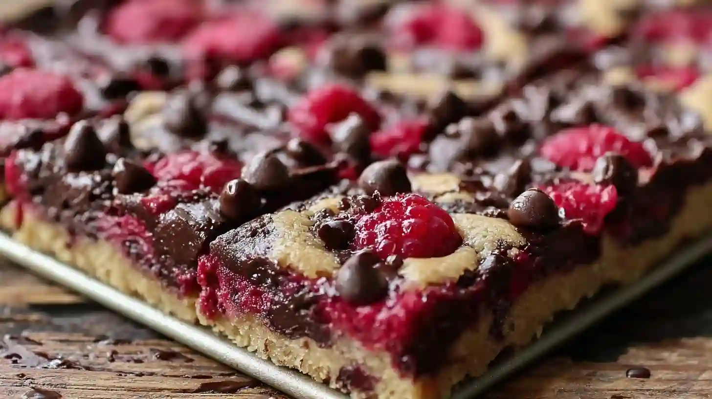 step-5-bake-and-finish-dark-chocolate-raspberry-pie-bars Step 5 baked dark chocolate raspberry pie bars topped with melted chocolate chips, perfect dessert recipes for parties and easy chocolate pie recipes