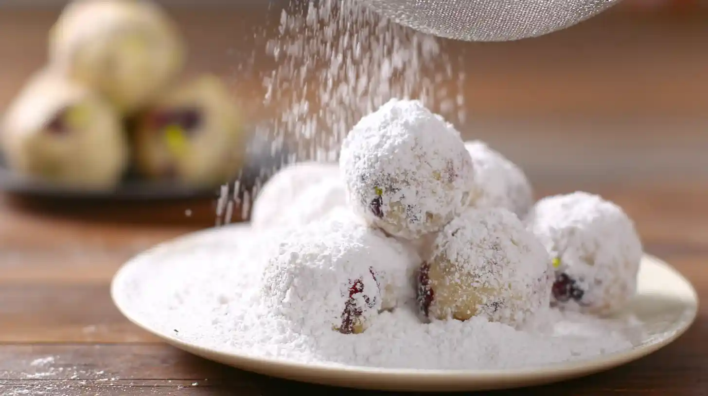 Step 5 coating truffles in powdered sugar for White Chocolate Cranberry Pistachio Truffles – edible holiday gifts homemade