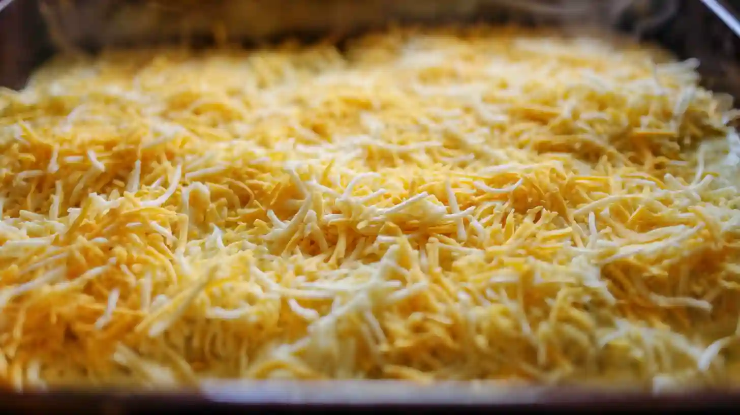 step-5-top-and-bake-creamy-cheese-casserole Topping bacon cheeseburger ramen noodle bake with cheddar cheese and baking until golden and bubbly for creamy cheese dinner recipes.