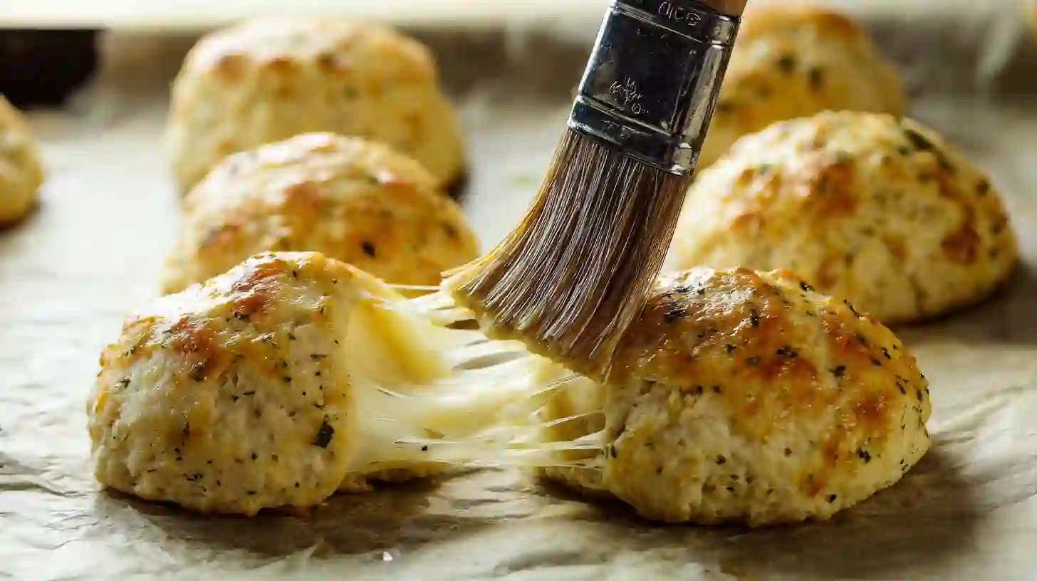 Step 6 Easy Gooey Mozzarella Biscuit Bombs Recipe – brushing garlic butter and serving hot gooey cheese stuffed bread snacks for easy snack recipes for kids and quick appetizer recipes for parties