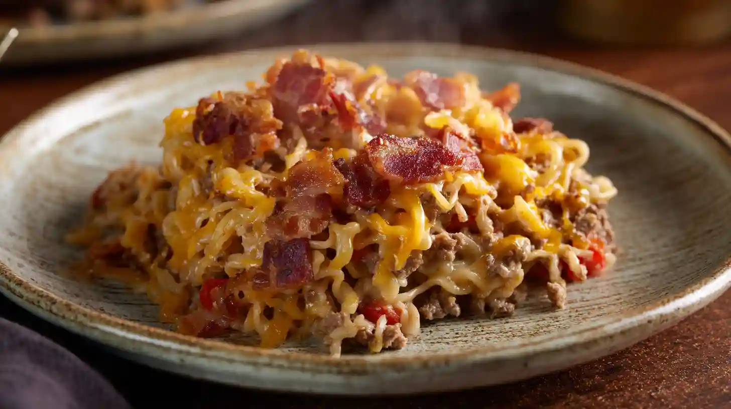 step-6-serve-bacon-cheeseburger-ramen-noodle-bake Serving bacon cheeseburger ramen noodle bake topped with crispy bacon and melted cheese for easy family dinner recipes and comfort food casseroles.