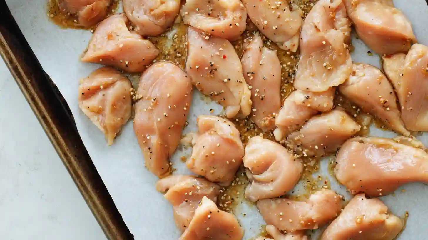 step1-bake-chicken-spicy-honey-ginger-bowls Step 1 Spicy Honey-Ginger Chicken Bowls – marinated chicken with tamari and orange juice, perfect for easy weeknight dinner recipes with chicken.