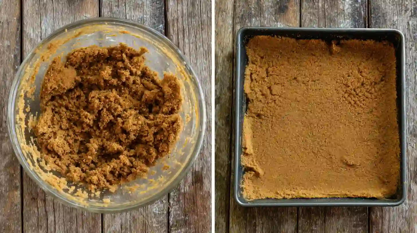 step1-biscoff-nutella-dream-bars-base Step 1 No-Bake Biscoff and Nutella Dream Bars base with crushed cookies and melted butter – no-bake desserts recipes
