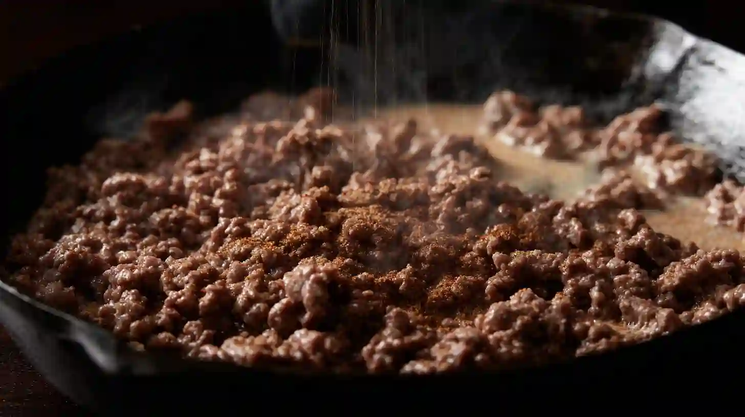 step1-brown-beef-cheeseburger-rollups Ground beef browning in a skillet for Perfect Garlic Butter Cheeseburger Rollups, quick weeknight beef recipes and budget-friendly ground beef meals