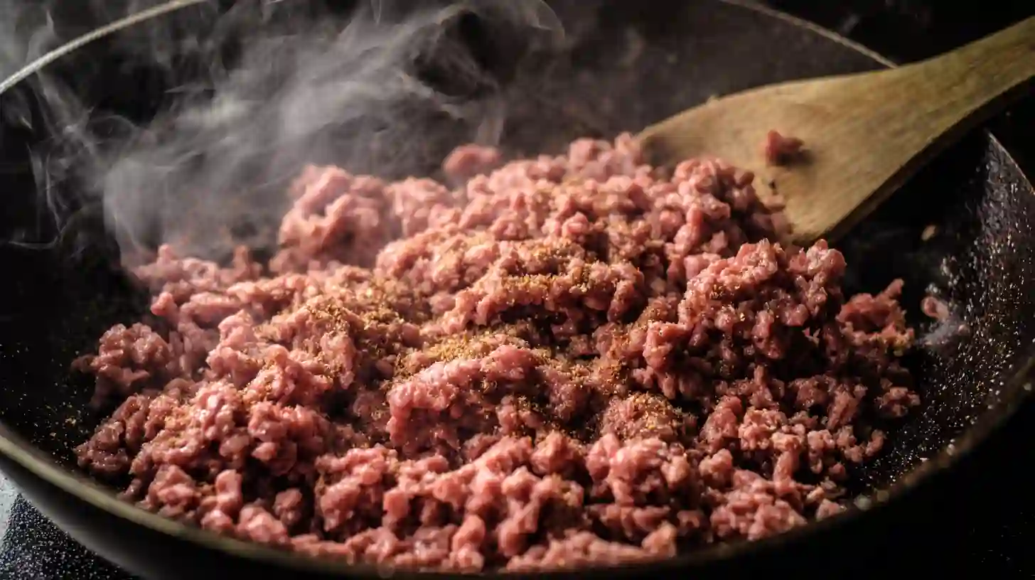step1-cook-beef-deep-fried-turkey-bacon-cheeseburger-corn-dogs Step 1 – Cook ground beef with garlic and onion powder for Deep-Fried Turkey Bacon Cheeseburger Corn Dogs, a high-protein fried meal and easy comfort food for weeknights.
