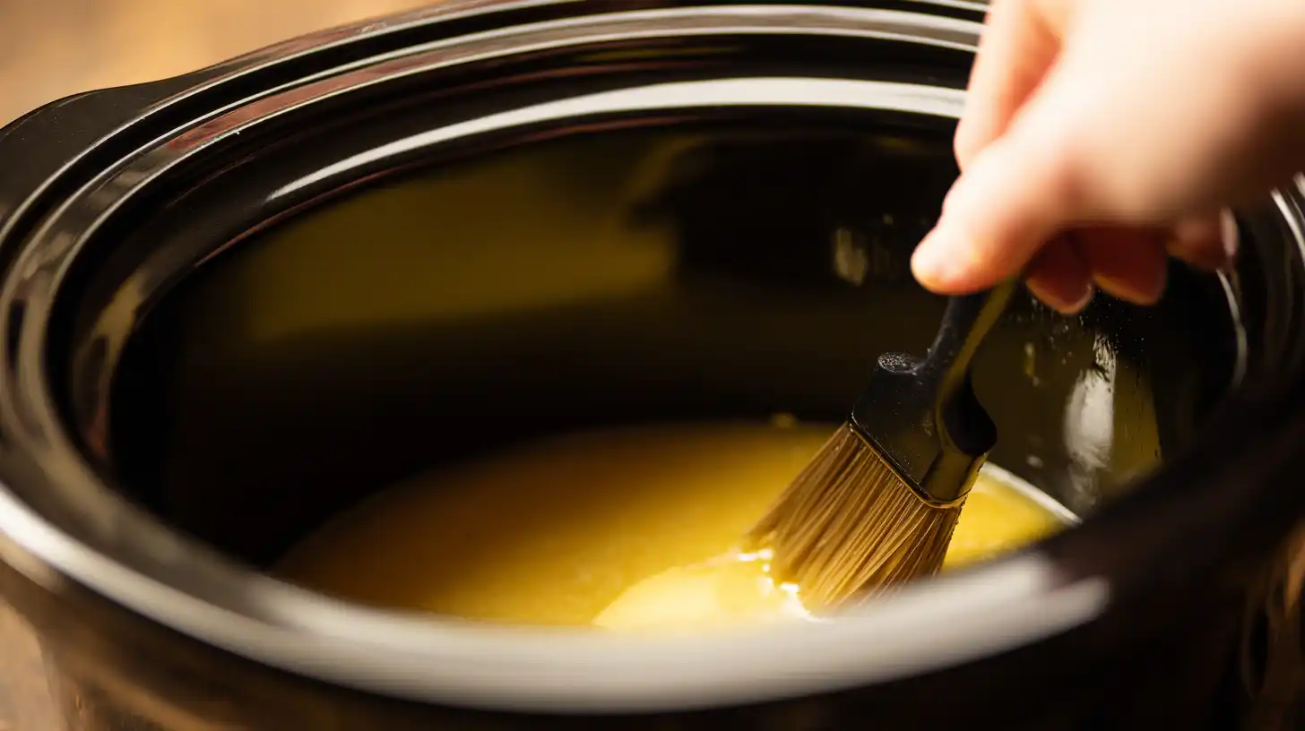 step1-grease-crockpot-cheesesteak-casserole Step 1 greasing crockpot for Perfect Crockpot Cheesesteak Potato Casserole, quick prep slow cooker recipes and easy casserole recipes for families