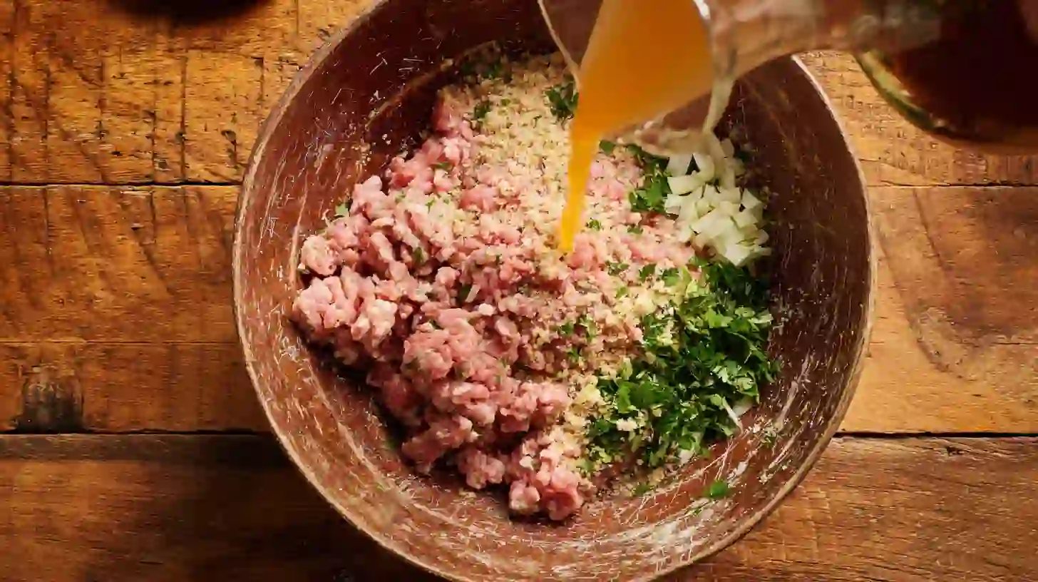 step1-mix-ground-pork-apple-cider-sliders Mixing ground pork with apple cider, breadcrumbs, and herbs for Harvest Apple Cider Pork Burger Sliders – high-protein pork meals for busy families.