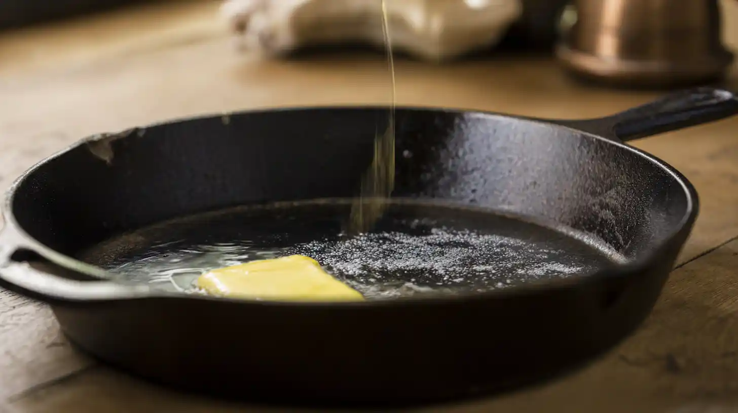 step1-preheat-grease-pan-jalapeno-cornbread Preheating oven and greasing skillet for Spicy-Sweet Jalapeño Cornbread, easy savory baking recipes and healthy cornbread recipe with buttermilk