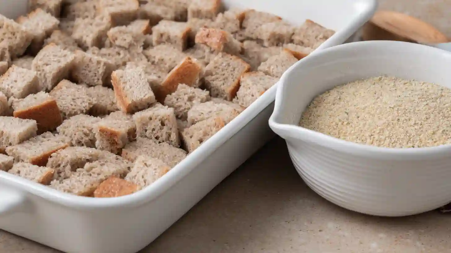 step1-prep-bread-savory-reuben-bake Preparing rye bread cubes and breadcrumbs for Savory Reuben Bake, quick and easy dinner ideas and one-dish baked meals