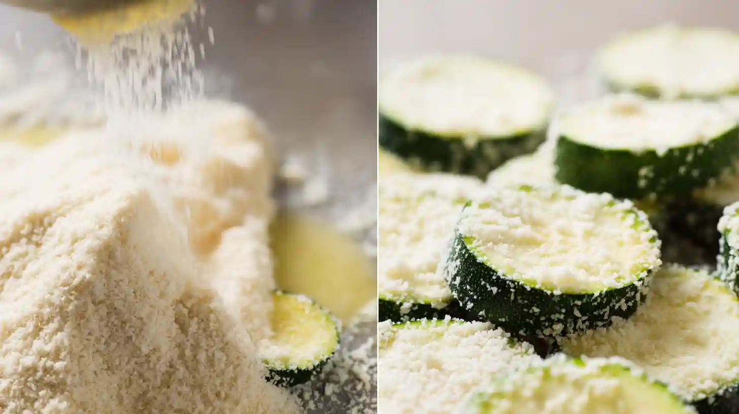 step1-prepare-zucchini-chips Preparing crispy zucchini chips with flour, egg, and panko coating, healthy party snacks ideas and air fryer recipes for beginners