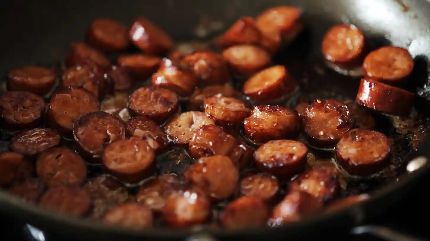 step1-saute-sausage-bbq-rice Sautéed smoked sausage in skillet – one pan comfort food recipes and high-protein sausage recipes for easy weeknight dinners.