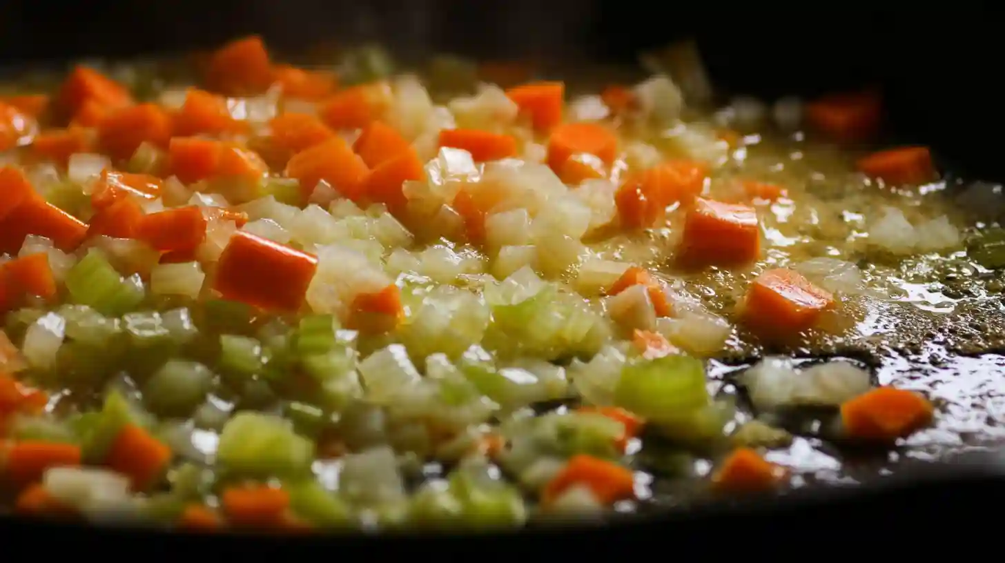 step1-saute-vegetables-cheddar-bay-biscuit-seafood-pot-pie Sautéing onion, carrot, celery, and garlic in butter for Cheddar Bay Biscuit Seafood Pot Pie, easy dinner recipes for families and quick family dinner ideas