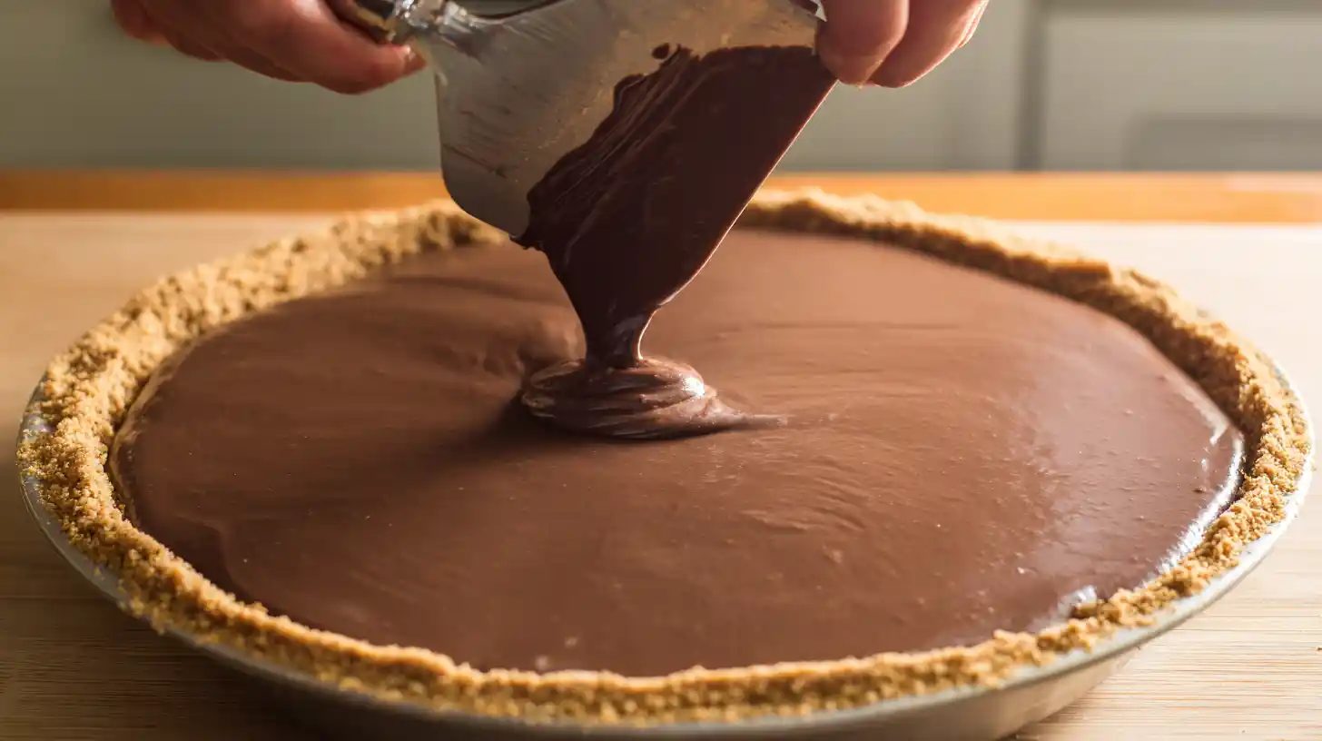 step2-assemble-base-no-bake-german-chocolate-pie Assembling no-bake German chocolate pie perfect dessert by pouring chocolate filling into graham cracker crust, quick desserts for parties and chocolate pudding pie recipe