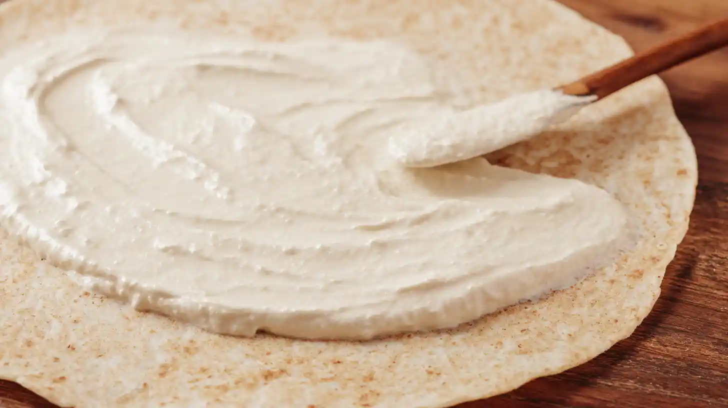 step2-assemble-tortilla-blueberry-quesadilla Spreading cream cheese and honey mixture on tortilla for blueberry breakfast quesadilla, easy dessert recipes for kids and quick family dessert ideas