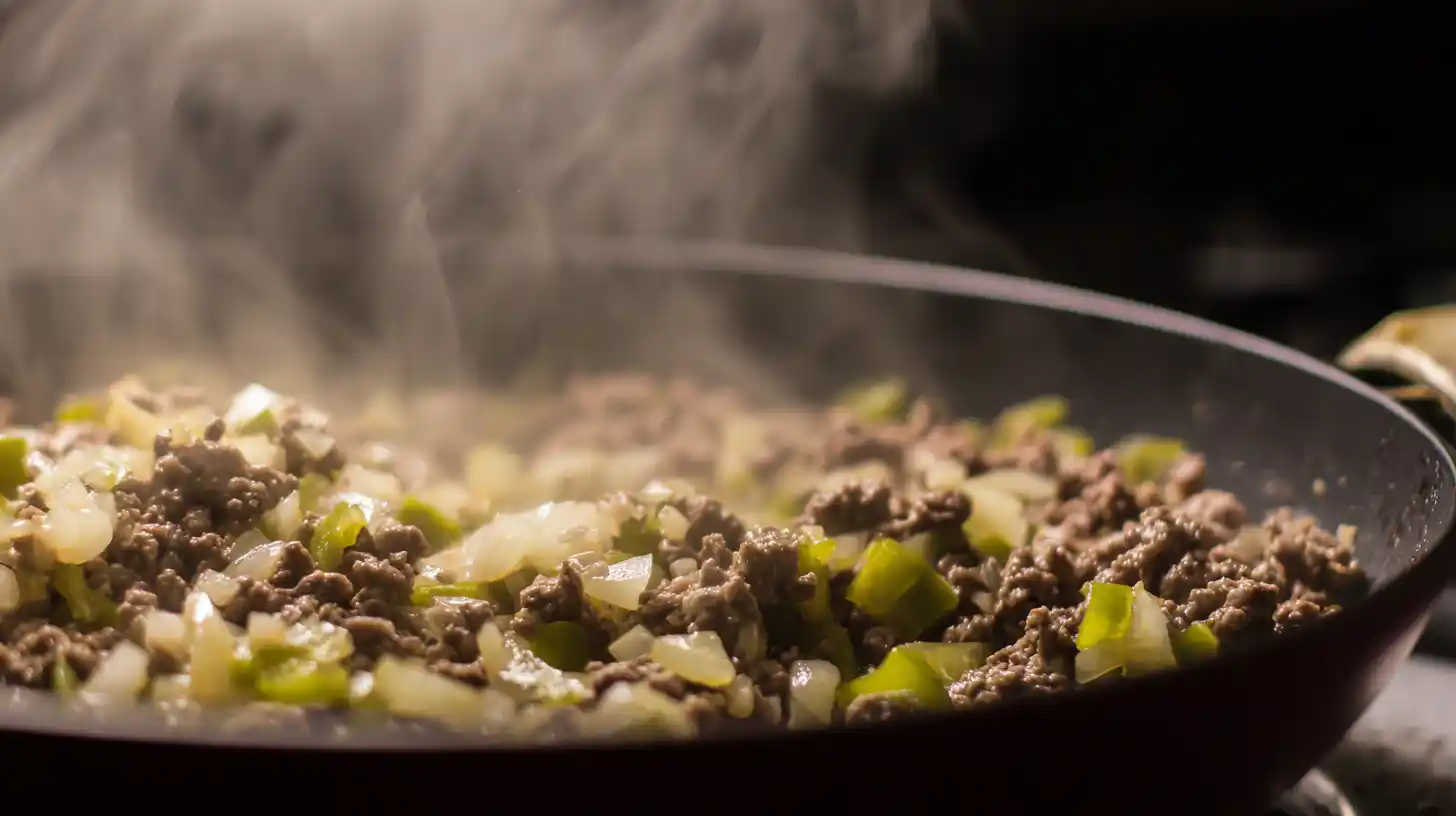 step2-brown-beef-veggies-cheesesteak-casserole Step 2 browning beef with onion, peppers, and garlic for Perfect Crockpot Cheesesteak Potato Casserole, quick prep slow cooker recipes and budget-friendly crockpot meals
