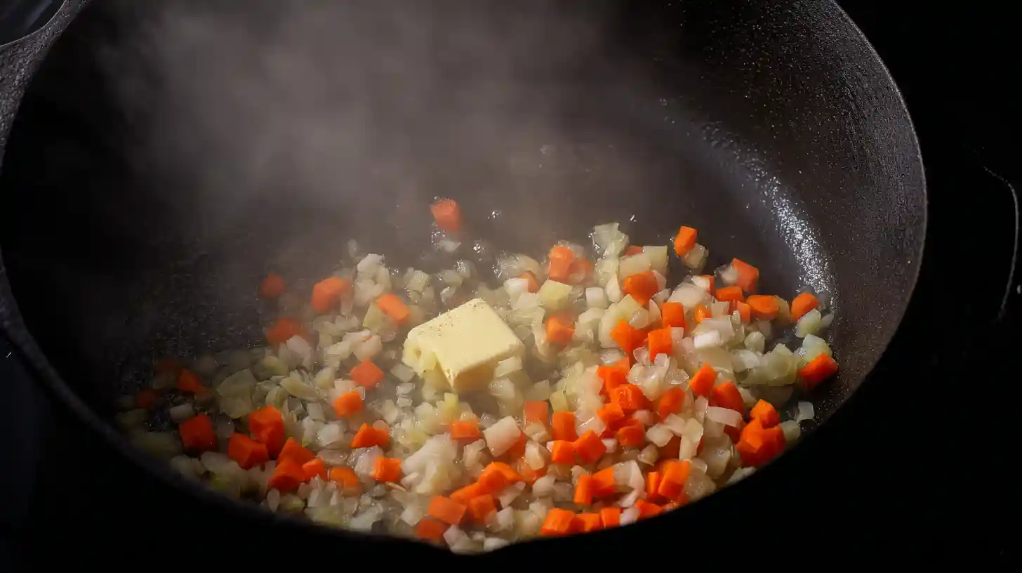 Step 2 sautéing onion, carrot, and garlic in butter | creamy bean soup with kielbasa for busy moms | easy family dinner recipes