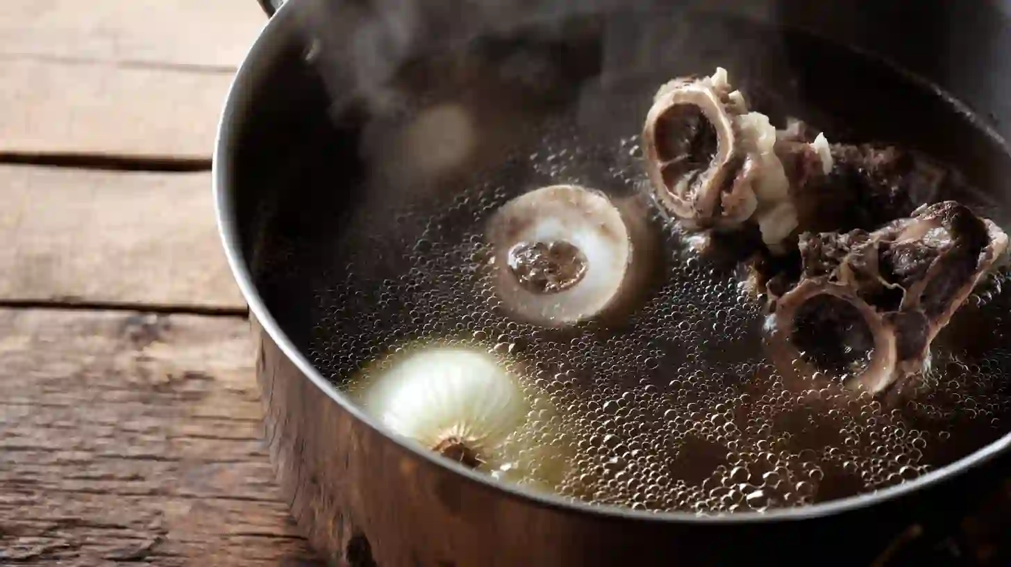 step2-build-broth-oxtail-ramen Oxtail bones and onion simmering for Oxtail Ramen, slow-cooked oxtail ramen and best ramen recipes at home