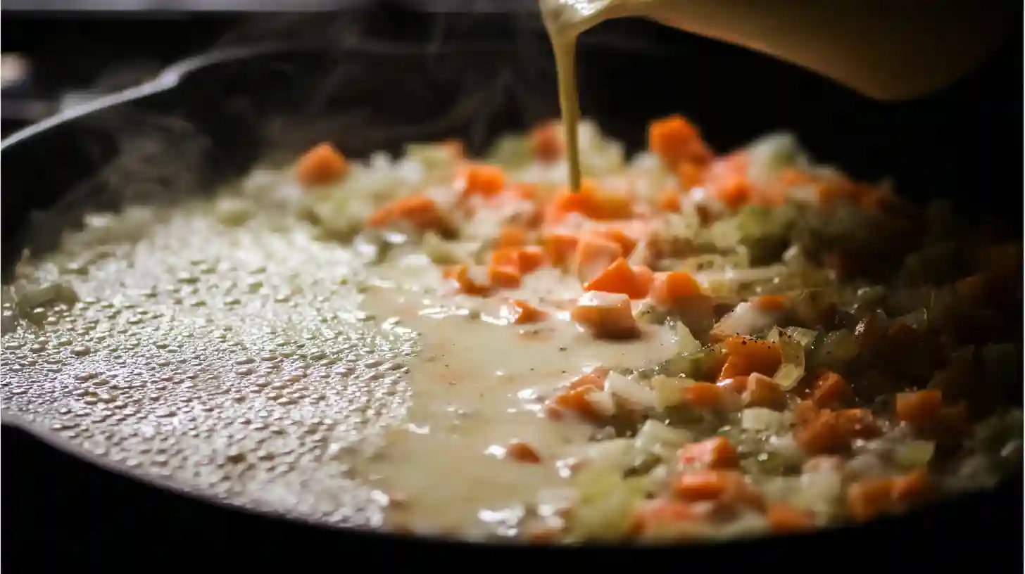 step2-build-filling-cheddar-bay-biscuit-seafood-pot-pie Building creamy filling with flour, stock, and cream for Cheddar Bay Biscuit Seafood Pot Pie, best comfort food recipes and easy dinner recipes for families