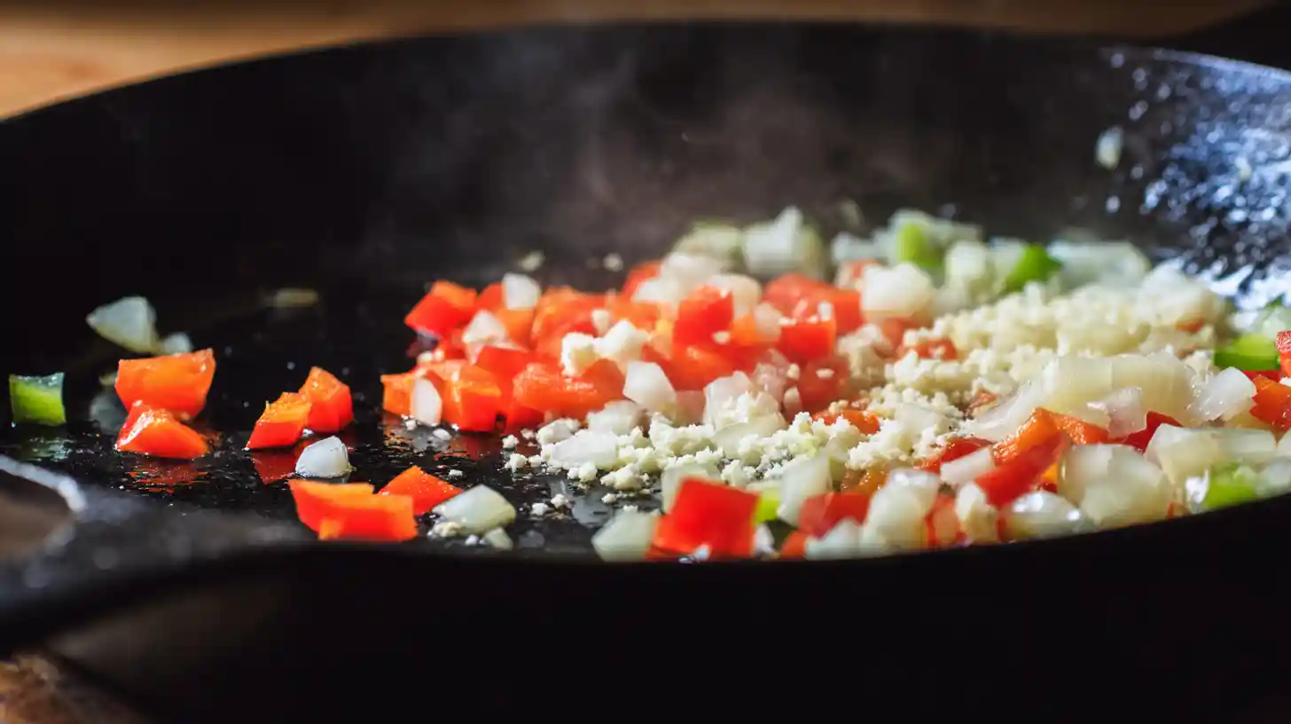 step2-cook-vegetables-bbq-sausage-rice Cooking onions and peppers in skillet – one pot sausage and rice recipe, quick and easy BBQ dinner recipes with vegetables.