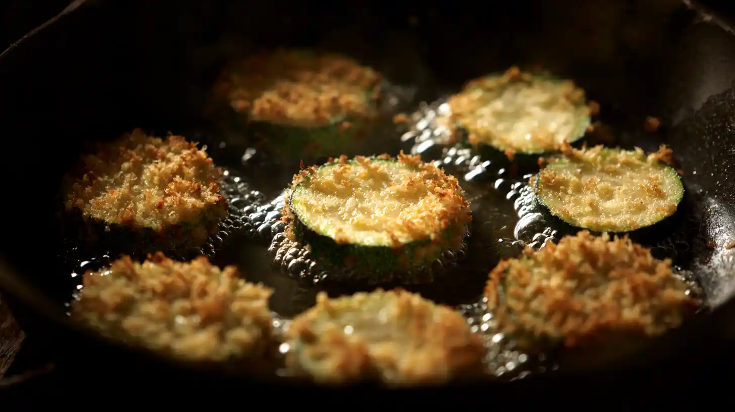 step2-frying-zucchini-chips Frying zucchini chips in hot oil until golden brown, crispy zucchini chips recipe and healthy snacks for kids lunchbox