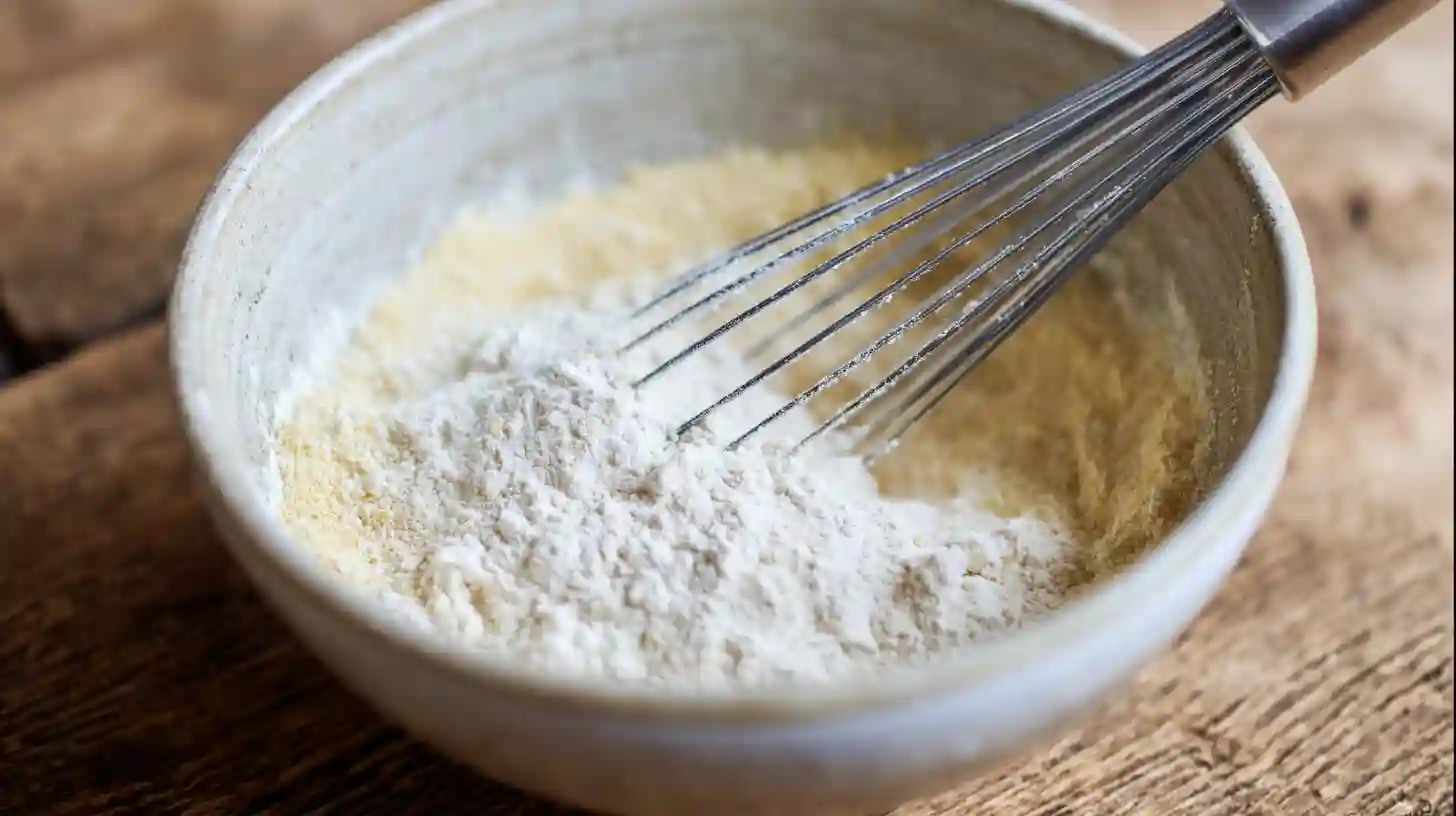 step2-mix-dry-ingredients-jalapeno-cornbread Whisking cornmeal, flour, and sugar for Spicy-Sweet Jalapeño Cornbread, easy savory baking recipes and healthy cornbread recipe with buttermilk