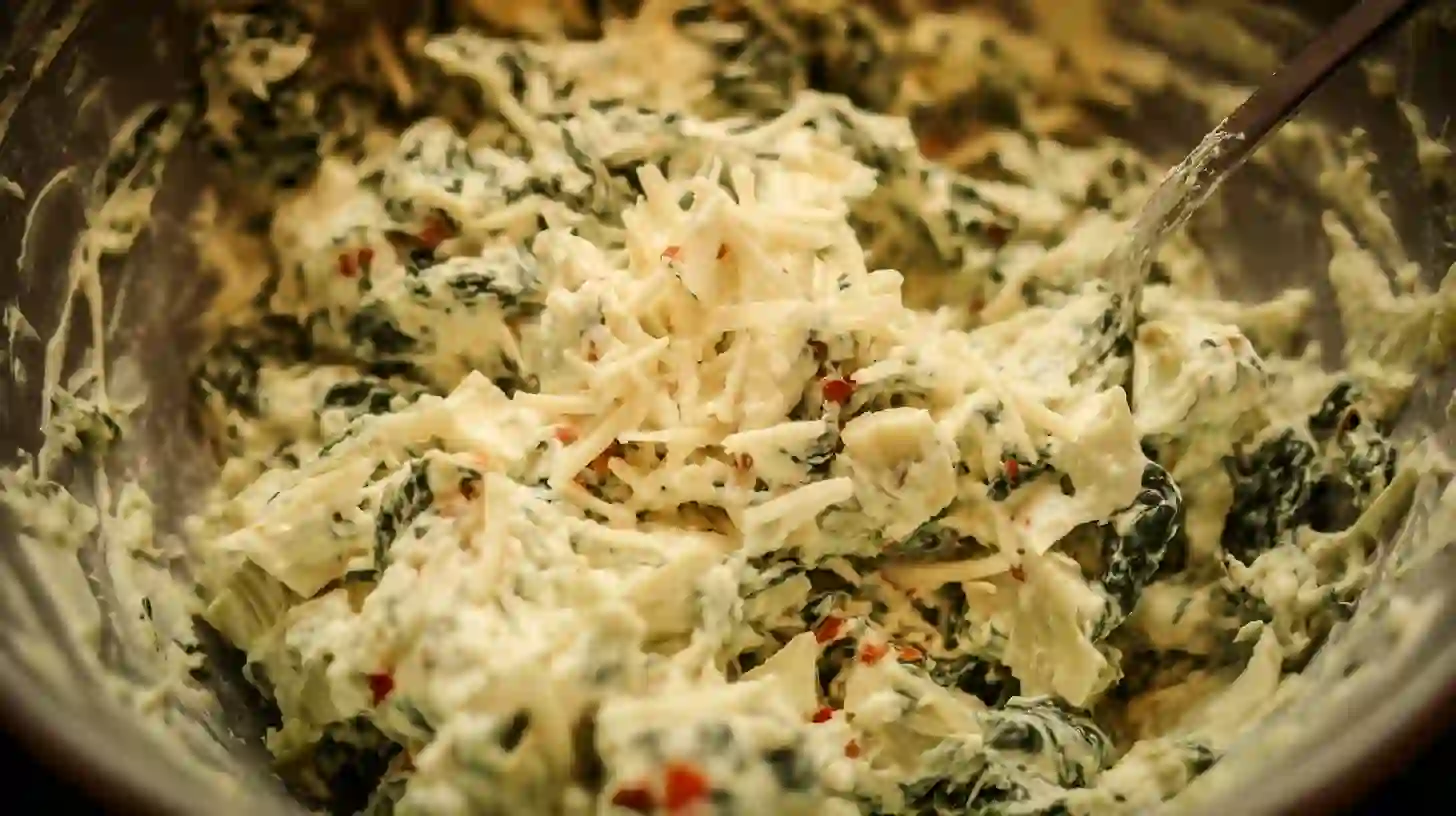 step2-mix-filling-cheesy-spinach-artichoke-bagels Mixing cream cheese, spinach, artichokes, mozzarella, and parmesan for Cheesy Spinach-Artichoke Bagels, easy spinach artichoke dip recipe and healthy snack ideas for families
