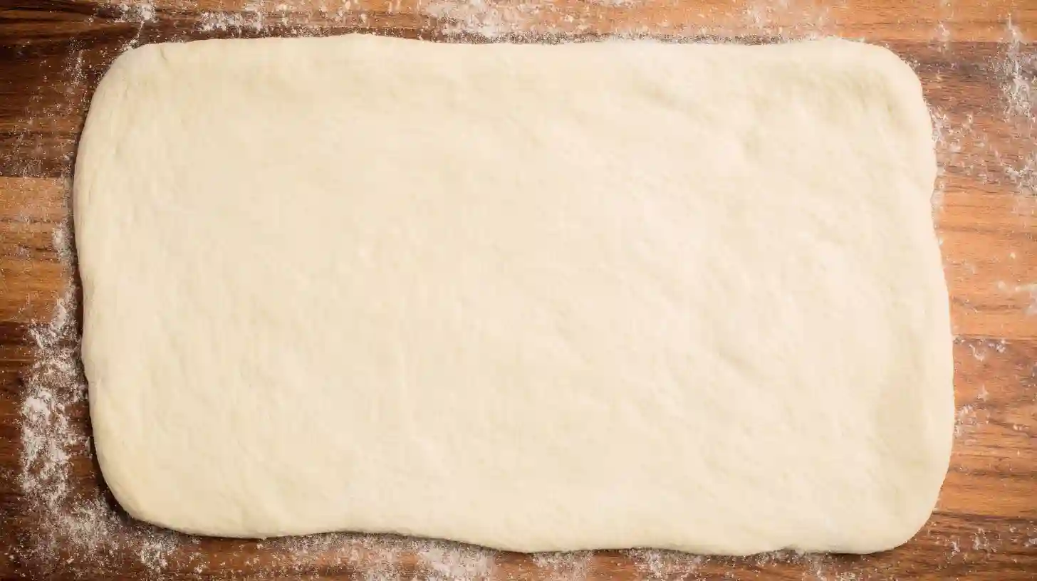 step2-prep-dough-cheeseburger-rollups Pizza dough stretched into a rectangle on a floured surface for Perfect Garlic Butter Cheeseburger Rollups, easy stuffed bread for parties and simple stuffed rollup dinners