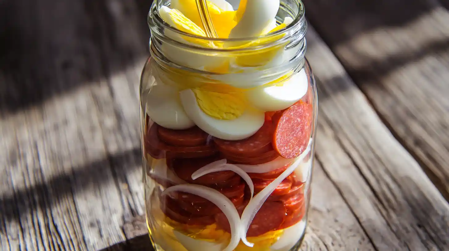 step2-quick-pickled-eggs-sausage-onions-fill-ja Step 2 Quick Pickled Eggs Sausage and Onions – layering eggs, sausage, and onions into a glass jar for quick protein-packed lunch ideas.