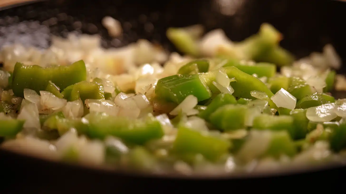 step2-saute-vegetables-honey-garlic-steak-shrimp Sautéing onion and bell pepper in olive oil – quick and cheap meals for two, healthy shrimp and rice recipes