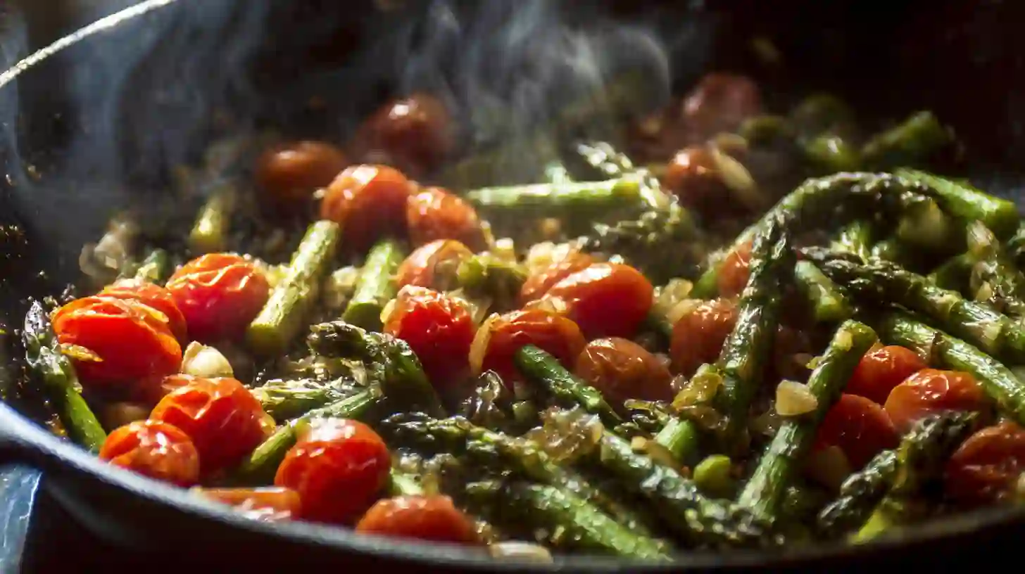 step2-saute-vegetables-ravioli-tomatoes-asparagus-garlic Sautéing asparagus, cherry tomatoes, and garlic for ravioli with tomatoes, asparagus, garlic, and herbs – quick ravioli recipes for families and asparagus and tomato pasta skillet