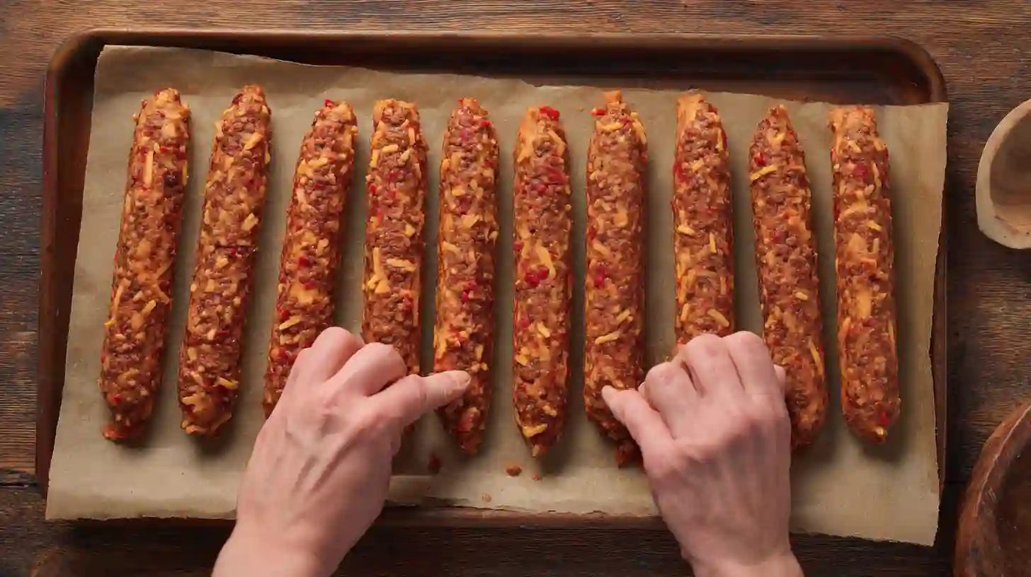 step2-shape-logs-deep-fried-turkey-bacon-cheeseburger-corn-dogs Step 2 – Shape beef, bacon, and cheddar mixture into hot-dog sized logs for Deep-Fried Turkey Bacon Cheeseburger Corn Dogs, a high-protein fried meal and easy comfort food for weeknights.