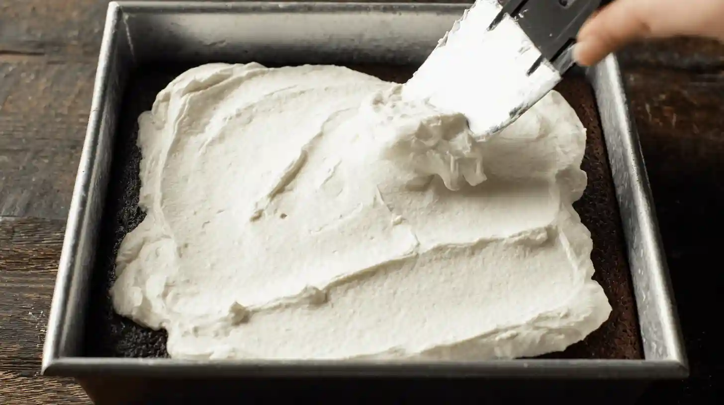 step2-whip-cream-layer-easy-pink-coconut-snowball-cake-bars Whipping and spreading cream layer for Easy Pink Coconut Snowball Cake Bars, easy holiday desserts and quick family dessert ideas